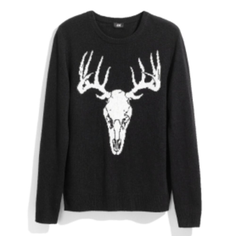 H&M | Christmas Goth Wool Blend Sweater White Deer Skull Antler Design